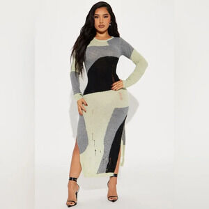 Kollyy Large Green/black/grey Colorblock Knit Distressed Slit Maxi Dress